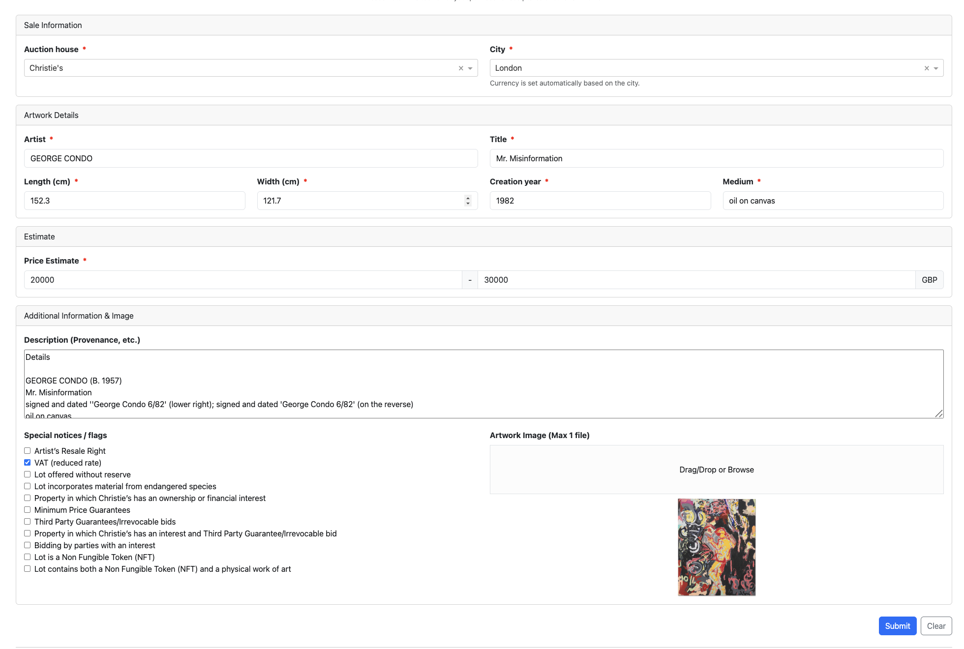 Sample Auction Advisor report for a George Condo artwork